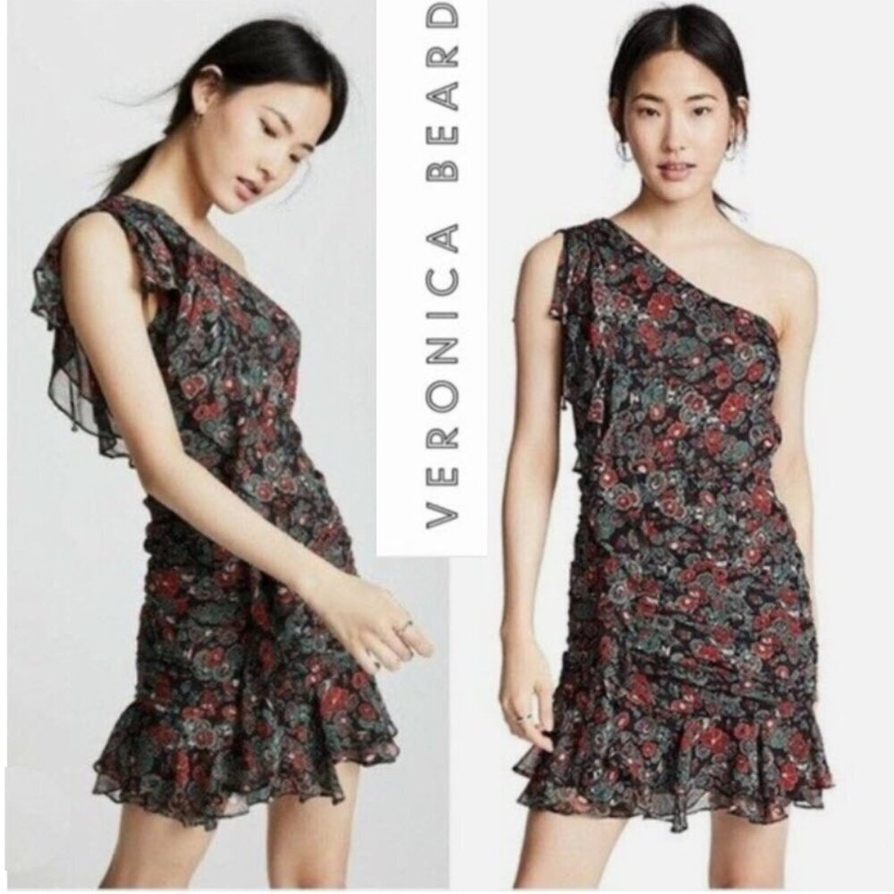 Veronica Beard Ballard One-Shoulder Ruffled Floral Silk Mini Dress Size 2